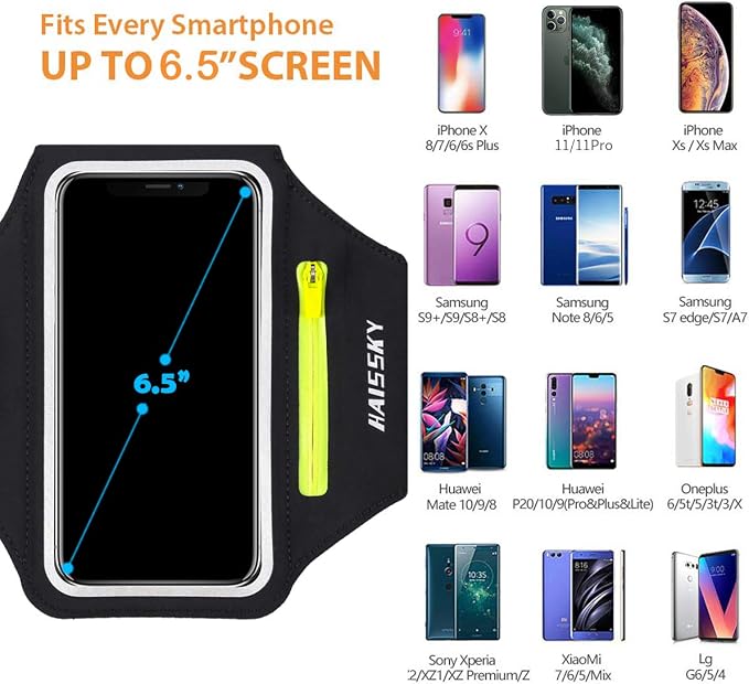 HAISSKY Running Armband with Earphone Pouch Fits Phones up to 6.9" | Cell Phone Armband for iPhone, Water Resistant & Breathable Sports Phone Holder & Zipper Pocket Car Key Holder for Jogging