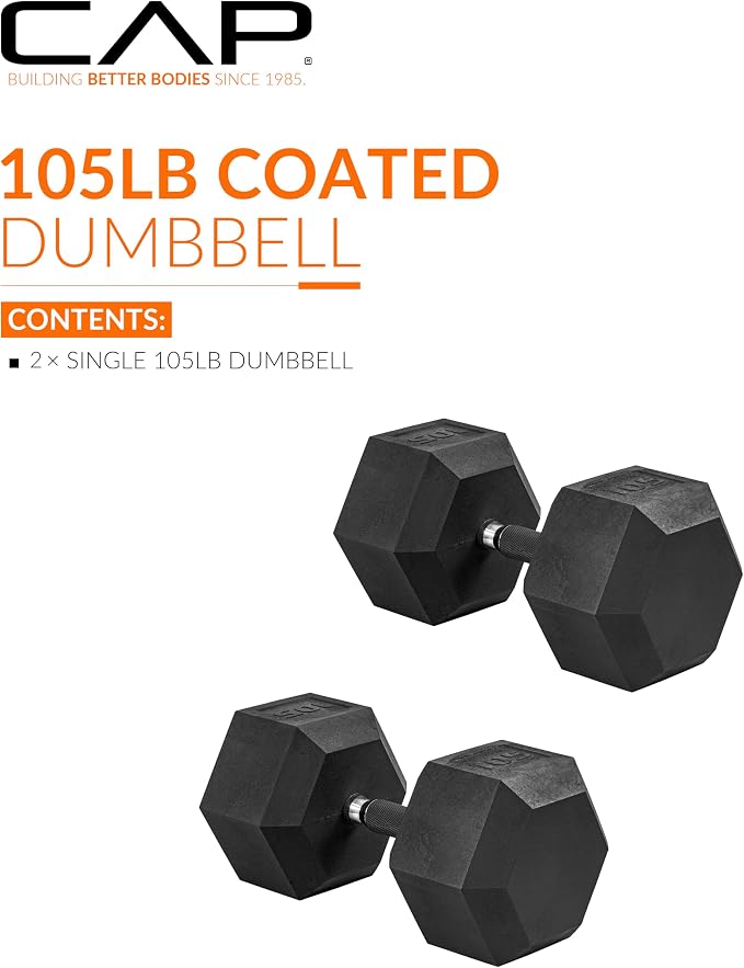 CAP Rubber Coated Dumbbell Weights, Free Weights for Home Gym Strength Training, Anti-Roll Hex Dumbbells with Black, Chrome & Comfort Grip Handles, Pairs & Sets