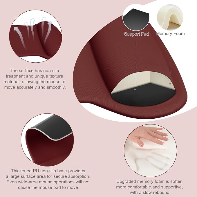 MOSISO Wrist Rest Support for Mouse Pad & Keyboard Set, Ergonomic Mousepad Non-Slip Base Home/Office Pain Relief & Easy Typing Cushion with Neoprene Cloth & Raised Memory Foam, Wine Red