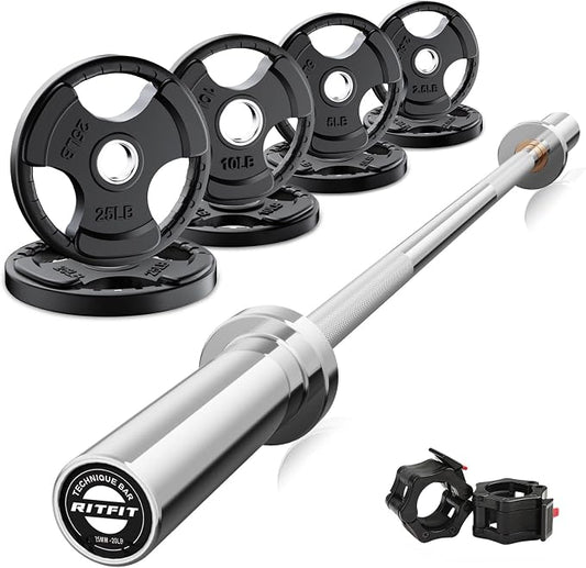 RitFit Barbell Weight Set - 4/6FT Olympic Barbell with Weight Plates (55-115LB Total) - Weightlifting Equipment for Squats, Curls, Deadlifts, Presses, Hip Thrusts