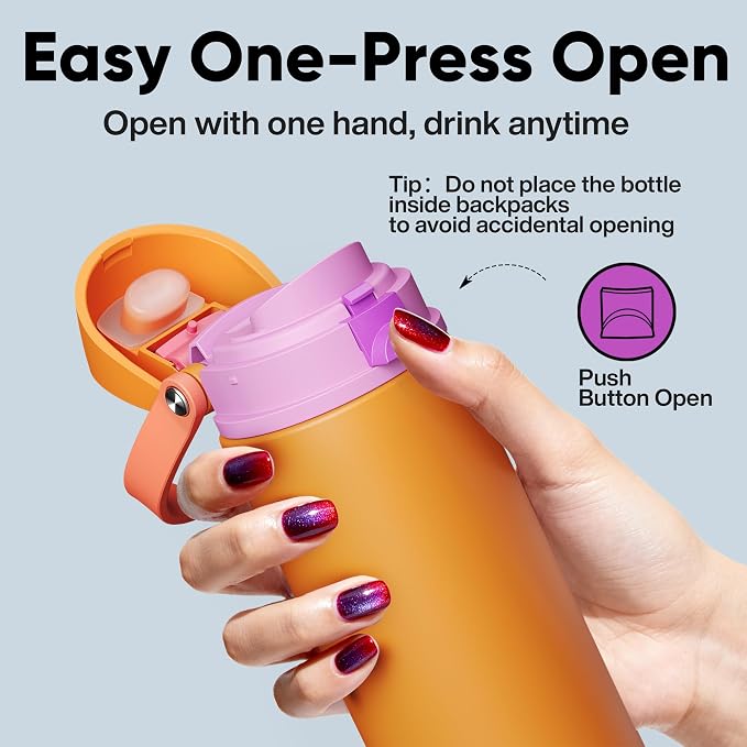 Insulated Water Bottle with Straw - Encool Stainless Steel Water Bottle with Push Button Lid, Leak-Proof & BPA-Free, Keeps Cold for 24 Hours for Sports, Travel, Gym (24 oz, Tiger Eye)