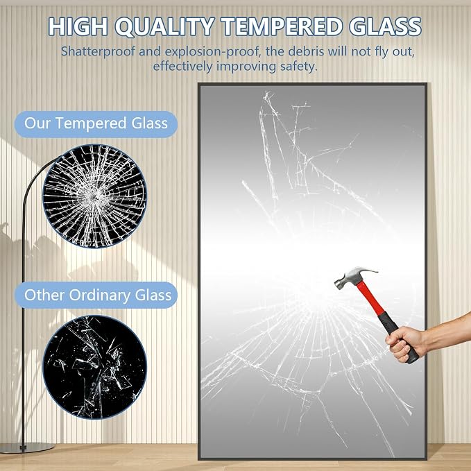 MirrMuse Oversized Standing Mirror Full Length, 76"X44" Extra with Stand | Hanging or Wall Mounted, Black, Large Full Body, for Gym Bedroom Living Room Clothing Store, Tempered Glass
