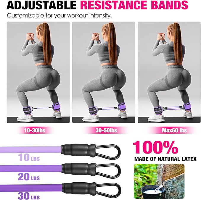 HOXWC Ankle Resistance Bands with Cuffs, Ankle Bands for Working Out, Ankle Resistance Band for Leg, Booty Workout Equipment for Kickbacks Hip Fitness Training, Exercise Bands for Butt Lift Women