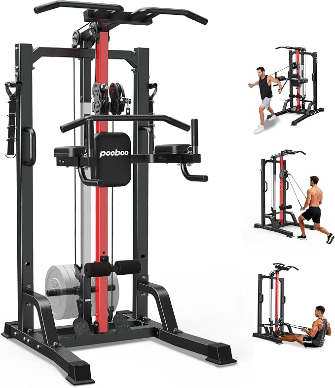 Pull Up Bar Power Tower Dip Station with Cable Machine, 450LB Home Gym | Pull up bar, dip station and 16-position cable system for pull ups, dips, lat pulldowns, rows and full-body training