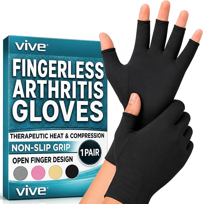 Vive Arthritis Gloves - Men, Women Rheumatoid Compression Hand Glove | Osteoarthritis- Arthritic Joint Pain Relief - Carpal Tunnel Wrist Support - Open Finger, Fingerless Thumb for Computer Typing