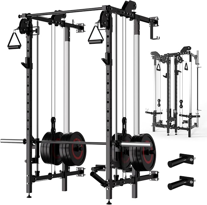 Garvee Folding Squat Rack, Wall Mounted Power Rack with Dual Independent Pulley System & Pull Up Bar, Multi-Function Power Cage with for Home Gym Space-Saving