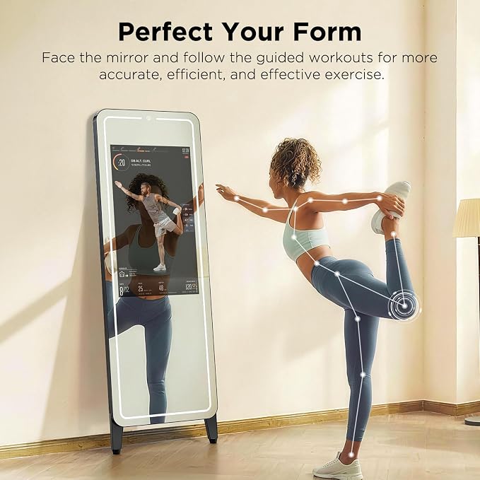 Smart Gym Mirror for Home Workouts, 32" HD Touchscreen with Android OS, 63" Full-Length Mirror, No Subscription Required, Fitness App Support, Voice Control & Music Sync LED Light Strip