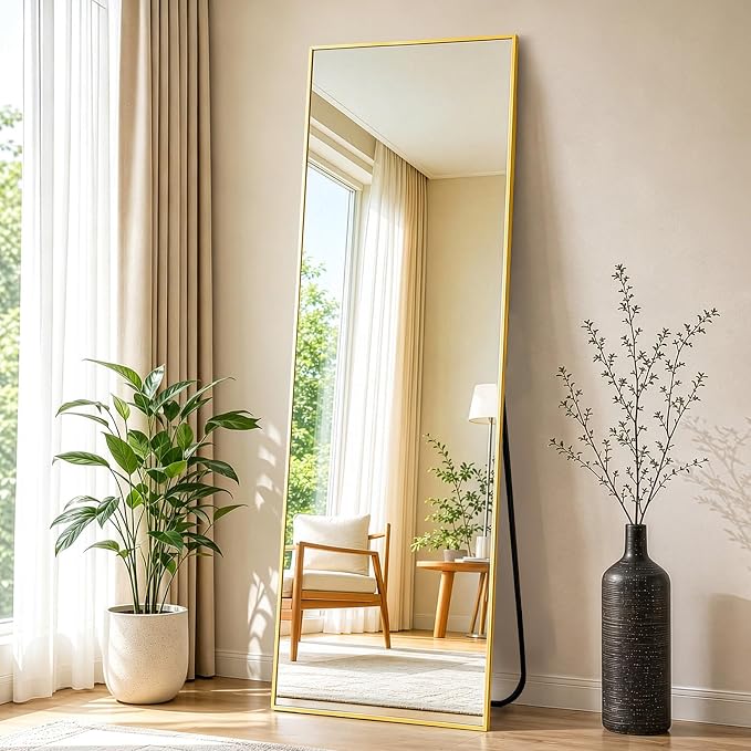 NEWBULIG 59"x16" Full Length Mirror, Full Body Standing Mirror, Gold | Leaning or Standing, Tempered Glass, Aluminum Alloy Thin Frame Floor Stand for Bedroom, Cloakroom