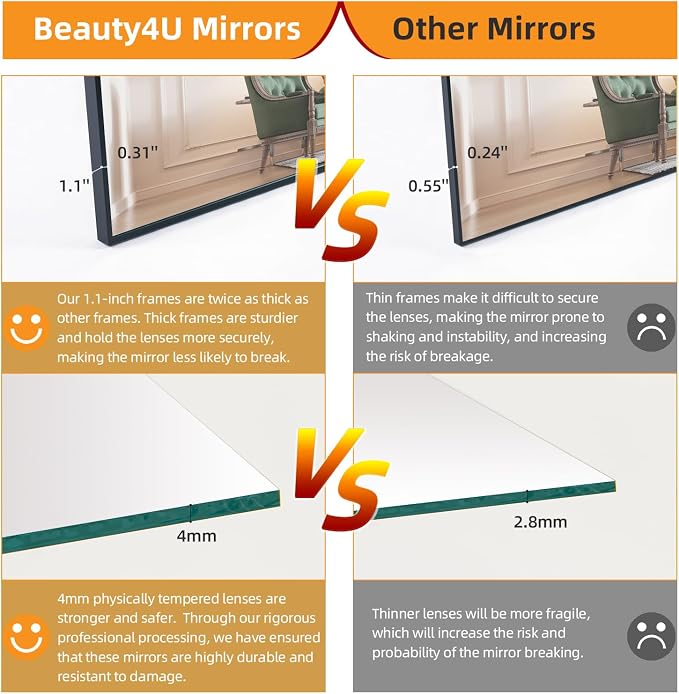 Beauty4U 59" x 16" Full Length Mirror with Stand, Black Floor Mirror | Standing, Leaning, or Wall-Mounted Tempered Glass Full Body Mirror with Metal Frame for Bedroom, Closet, Modern Home Decor