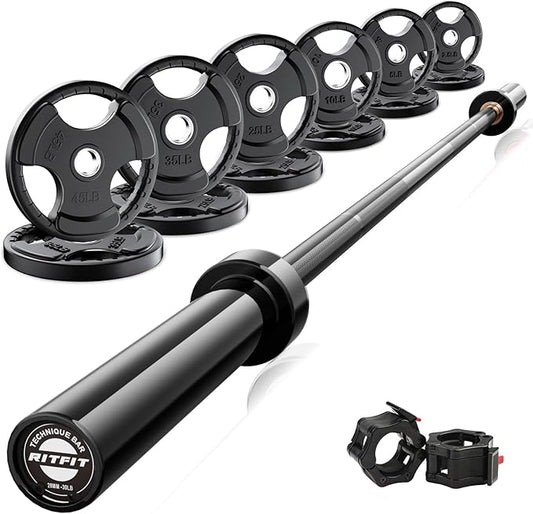 RitFit Barbell Weight Set - 4/6FT Olympic Barbell with Weight Plates (55-115LB Total) - Weightlifting Equipment for Squats, Curls, Deadlifts, Presses, Hip Thrusts
