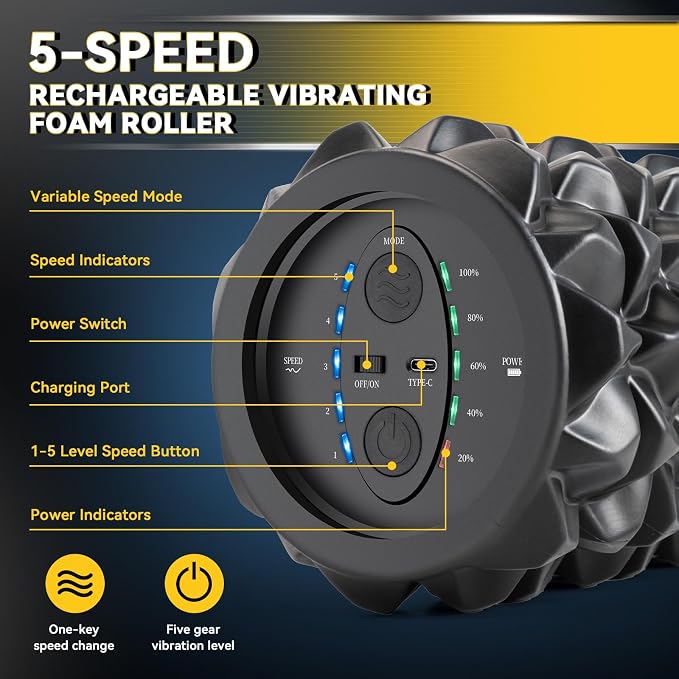Vibrating Foam Roller for Muscle Recovery, 5-Speed, Rechargeable | High-Density Massage Roller for Physical Therapy, Back Pain Relief & Deep Tissue Massage, Exercise Roller Massager, 2 Modes