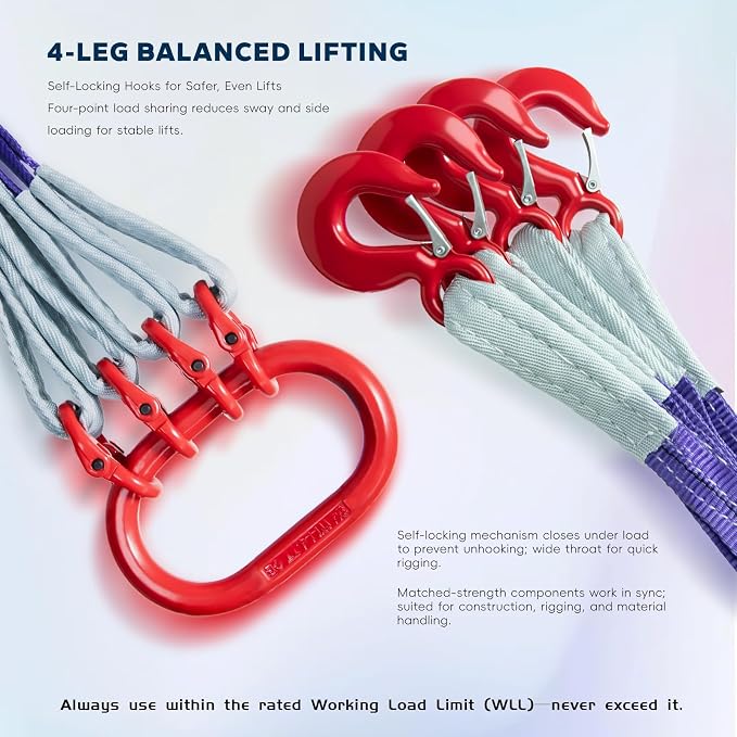 10 ft 4-Leg Web Bridle Lifting Sling, 8800 lb WLL