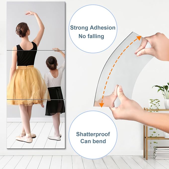 JUNEBRUSHS 3 Pack Self Adhesive Acrylic Mirrors, 20 x 24 Inch Full Length Mirror Tiles