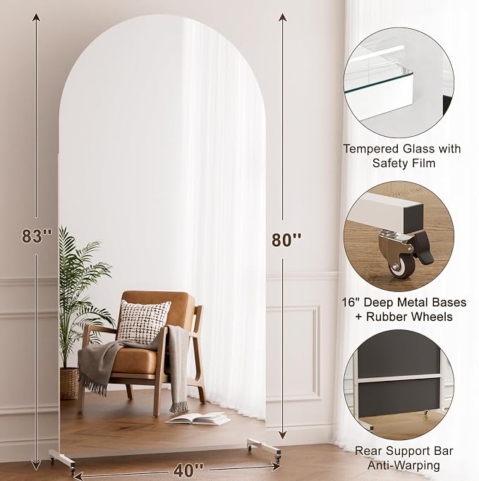 80” x 40” Arched Full Length Floor Mirror, Lockable Wheels for Easy Moving & No Wobble, Shatter‑Resistant Glass for Worry‑Free Practice, Ideal for Home Dance, Yoga & Gym, White Metal Frame