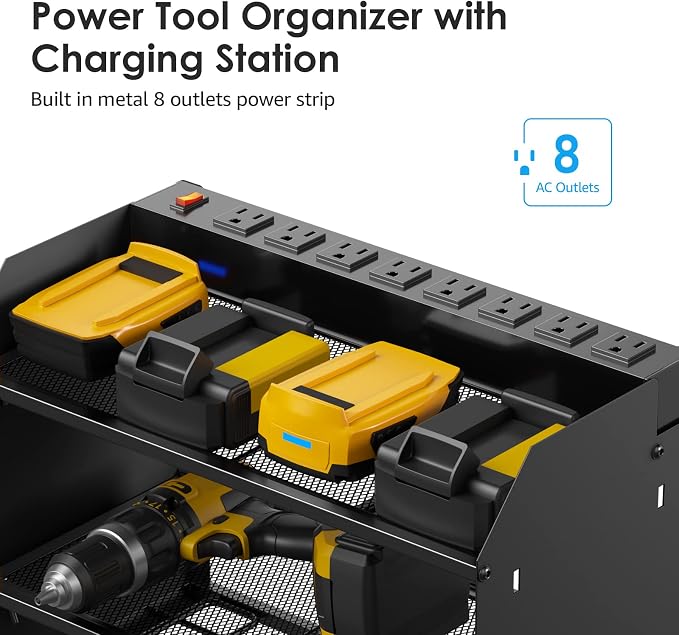 CCCEI Wall Mount Modular Tool Charging Organizer, Black, 1 Pack, 3 Tier. | Drill Battery Storage Rack with Hooks, Garage Workshop, Gifts for Men, Dad, Husband Anniversary, Birthday, Christmas