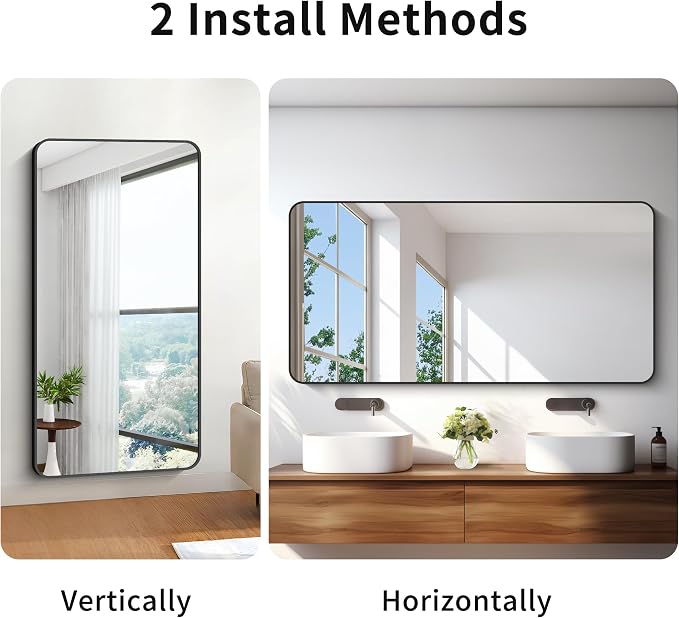 BONEWEI 30x60 inch Bathroom Mirror,Black Rectangle Mirror,Wall Mounted Bathroom Frame Vanity Mirror with Round Corner for Bedroom Living Room, Entryway Hangs Horizontal or Vertical