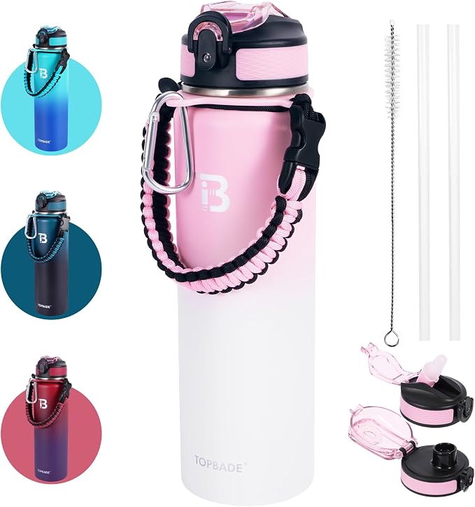 TOPBADE 32oz Insulated Water Bottle with Straw Lid & Spout Lid & Paracord Handle, Stainless Steel Water Bottle Wide Mouth, Double Wall for Women Men Gym Fitness Outdoor