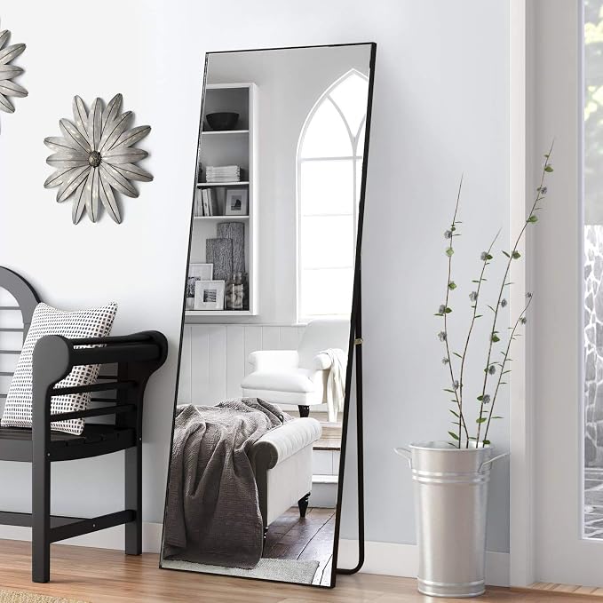 Vlush Full Length Dressing Mirror Floor Mirror with Standing Holder - Standing Hanging or Leaning Against Wall Mirror for Living Room/Bedroom/Cloakroom (65”X 22”, Black)