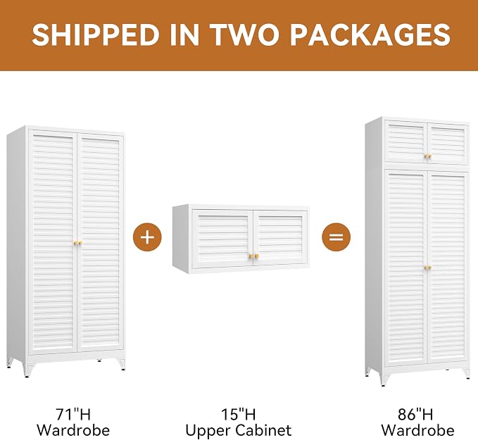 Polup 86" Tall Metal Armoire Wardrobe Closet for Hanging Clothes | White Heavy Duty Steel 4-Door Clothing Storage Cabinet with Adjustable Shelves, Rod, for Bedroom, Office (Ships in 2 Boxes)