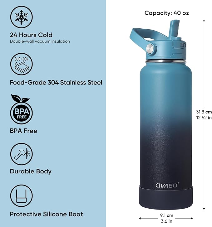 CIVAGO 40 oz Insulated Stainless Steel Water Bottle with Removable Straw | Large Leakproof Metal Water Jug, Sports Thermal Flask Cup with Bucket Handle, Silicone Boot, Dishwasher Safe, Indigo Black