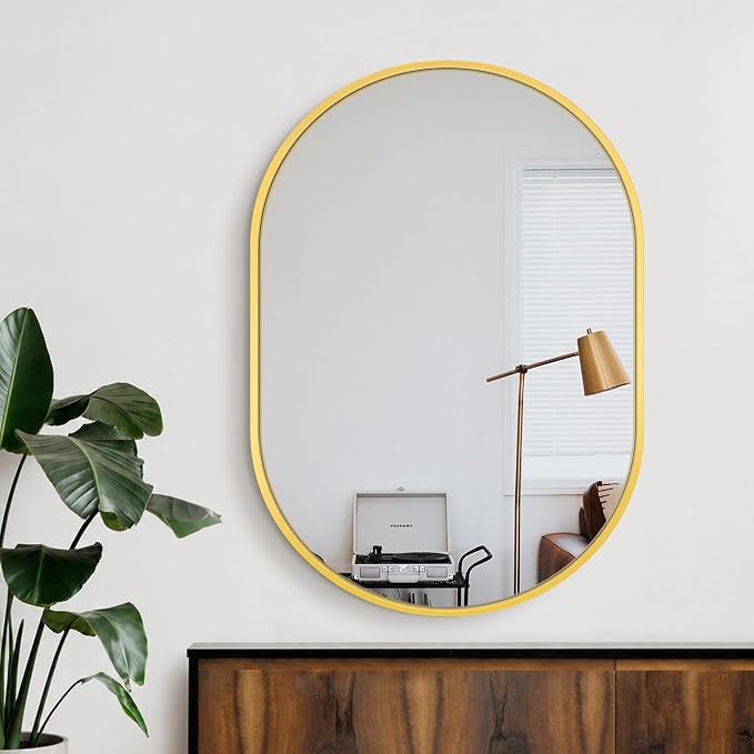 Oval Bathroom Vanity Mirror for Wall, 40''x28'' Gold Oval Bathroom Mirror for Over Sink, Bedroom, Living Room, Entryway, HD Tempered Glass, Wall Mounted Horizontally or Vertically