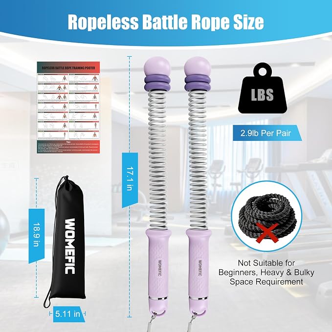 Weighted Ropeless Battle Ropes Adjustable Weight - Portable Cordless Battle Ropes for Home Gym with Poster - Strength Building, HIIT and Low-Impact Aerobic Training for Men & Women (Purple)
