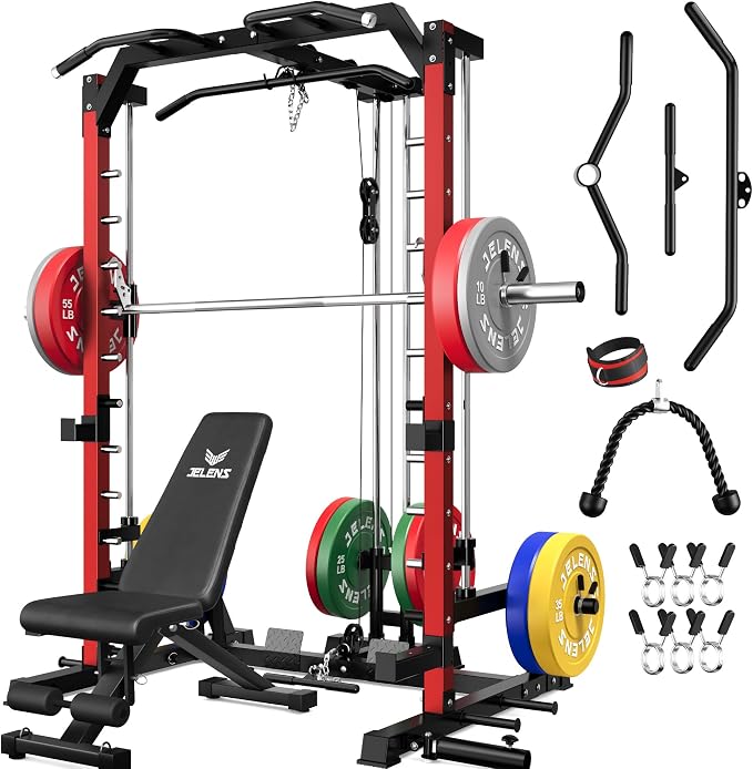 SR01 Smith Machine, 2000LBS Multi-Function Power Cage with LAT Pulldown System, All-in-One Home Gym Squat Rack with Smith Bar and Training Attachments for Full Body Workouts