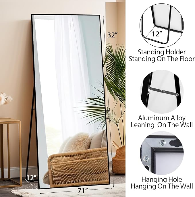 Beauty4U 71" x 32" Full Length Mirror with Stand, Black Large Floor Mirror | Standing, Leaning, or Wall-Mounted Tempered Glass Full Body Mirror with Metal Frame for Bedroom, Closet, Modern Home Decor