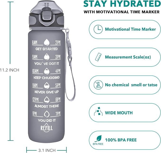 Enerbone 32 oz Drinking Water Bottle with Times to Drink and Straw, Motivational with Carrying Strap, Leakproof BPA & Toxic Free, Ensure You Drink Enough Water for Fitness Gym Outdoor