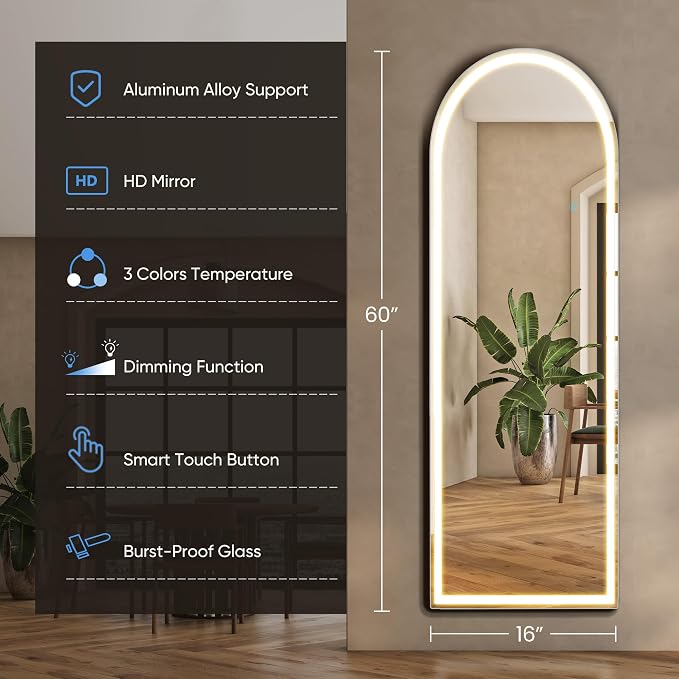 OLIXIS Arched Full Length Mirror with Lights, 20x 63 | Lighted Floor Full Body Mirror with 3 Color Lighting, Wall Mounted Mirrors for Bedroom, Entryway with Tempered Glass