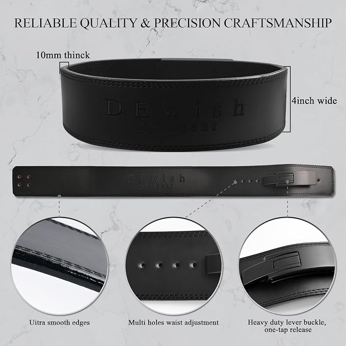 Weight Lifting Belt, 10mm Thick, 4-Inch Wide Heavy Duty Leather Lever Gym Belt, Ideal for Weightlifting, Squats, Deadlifts, Powerlifting, Cross Training and Weight Training