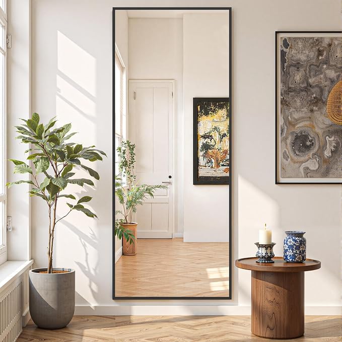 Mirror Full Length 64"x21", Rectangle Full Body Floor Mirrors with Stand | Shatterproof Glass, Aluminum Alloy Frame, Free Standing, Wall Mounted or Leaning for Bedroom Living Room Entryway