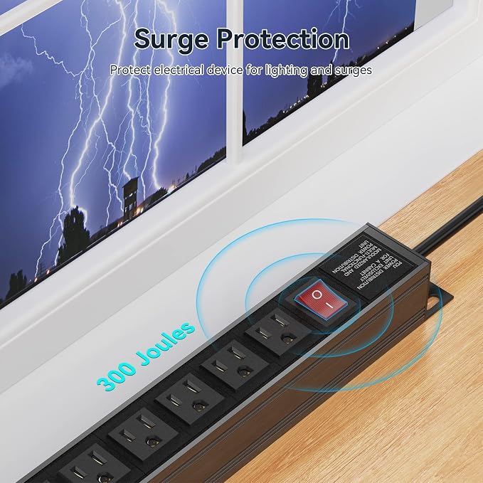 Heavy Duty Power Strip,8 Outlet Metal Power Strips Wall Mount, 1.6 inch Wide Spaced Industrial Surge Protector, Garage Outlet for Shop Workshop Power Strip with Switch & 6 FT Extension Cord, 300J