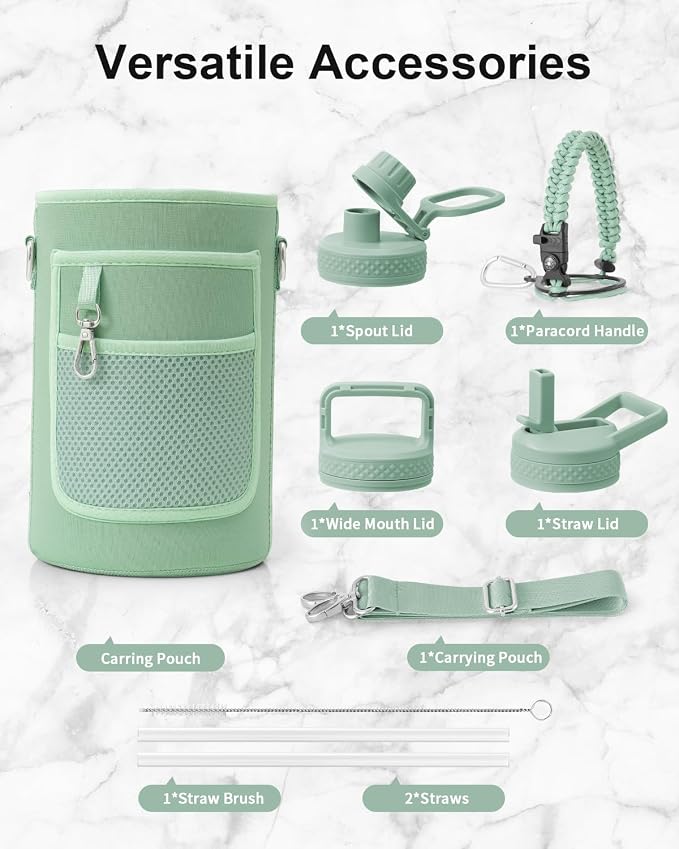 Trebo 64 oz Water Bottle Stainless Steel with 3 Lids, Paracord Handle & Bag | Half Gallon Large Insulated Jug, Triple Wall Vacuum Copper Plated, Dishwasher Safe, Cold 48Hrs for Outdoor, Hiking, Gym