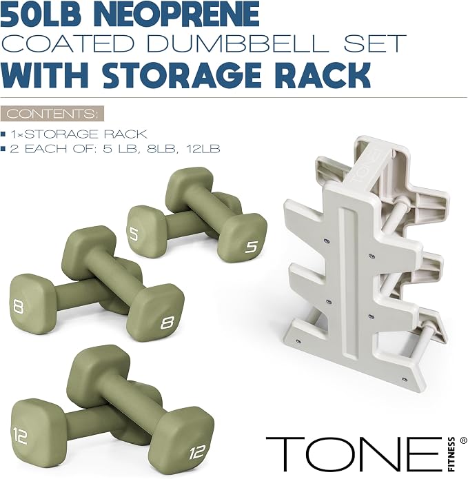 Tone Fitness Neoprene Dumbbell Set with Storage Rack – Non-Slip, Anti-Roll Hand Weights for Home Gym Workouts | 20 lb, 32 lb, 50 lb, 60 lb & 100 lb Options