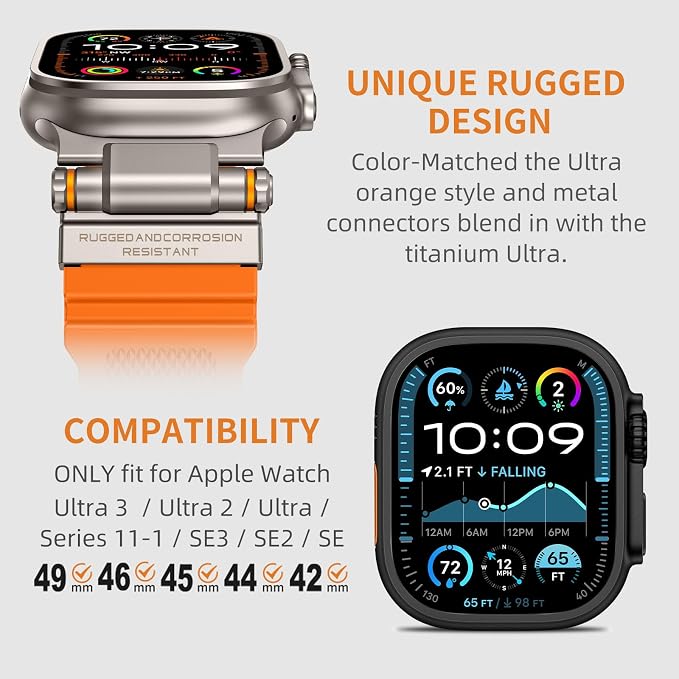Band Compatible with Apple Watch Ultra 3/2/1 Band 49/46/45/44mm | Metal Connector with Silicone Rugged Strap for iWatch Ultra Series 11/10/9/8/7/6/SE3/SE2/SE/5/4/3/2/1, Orange/Titanium