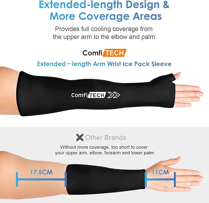 ComfiTECH Full Arm Wrist Ice Pack Wrap, Tennis Cold Sleeve, Medium | Flexible Extended Elbow Ice Sleeve for Pitchers, Golfers Players, Reusable Cold Brace for Muscle Comfort, Throwing Recovery
