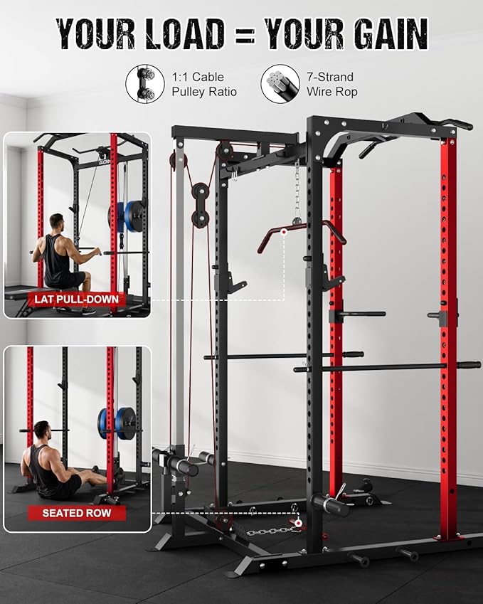 C1-V4 Power Cage, 2000LBS Squat Rack with LAT Pulldown, Multi-Function Weight Cage Strength Training Machine, Workout Cage with More Attachments for Home Gym Garage