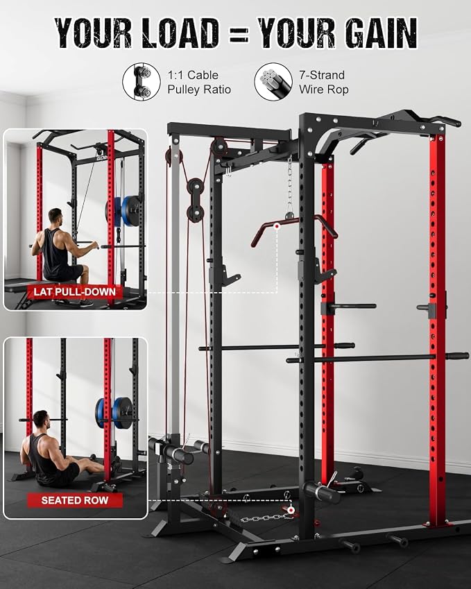 C1-V4 Power Cage, 2000LBS Squat Rack with LAT Pulldown, Multi-Function Weight Cage Strength Training Machine, Workout Cage with More Attachments for Home Gym Garage