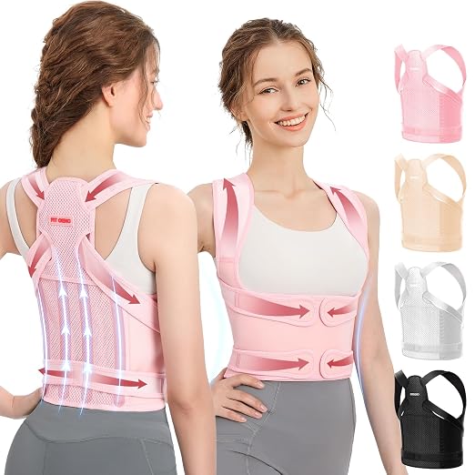 Fit Geno Posture Corrector for Women & Men, Adjustable Upper Back Brace | 4 fiberglass stays with breathable mesh gently pull your shoulders back to correct rounded posture and ease upper back strain