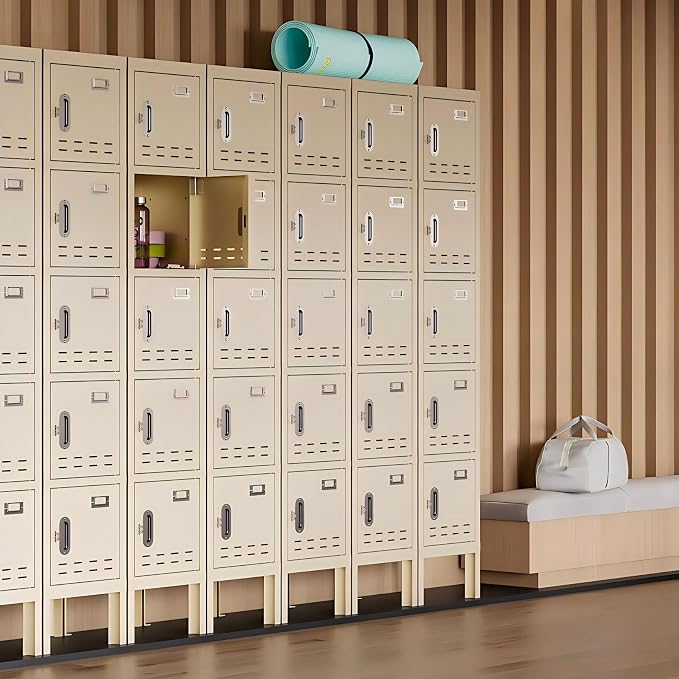 BUTISOW Metal Storage Locker with Lock & Card Slot - Secure Lockable Door - Steel Locker for School, Office, Gym, Home - 66.15" H x 11.8" W x 11.8" D - 5 Door - Beige