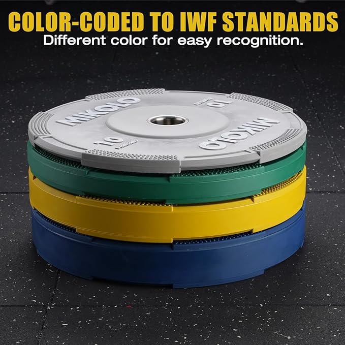 Mikolo Olympic Bumper Plates Set, 100% High-Density Low-Bounce Rubber Weight Plates with Steel Inserts, IWF Color-Coded Quiet Barbell Plates for Deadlifts, Squats & Home Gym Strength Training (Weights: 45 * 2-230LB)
