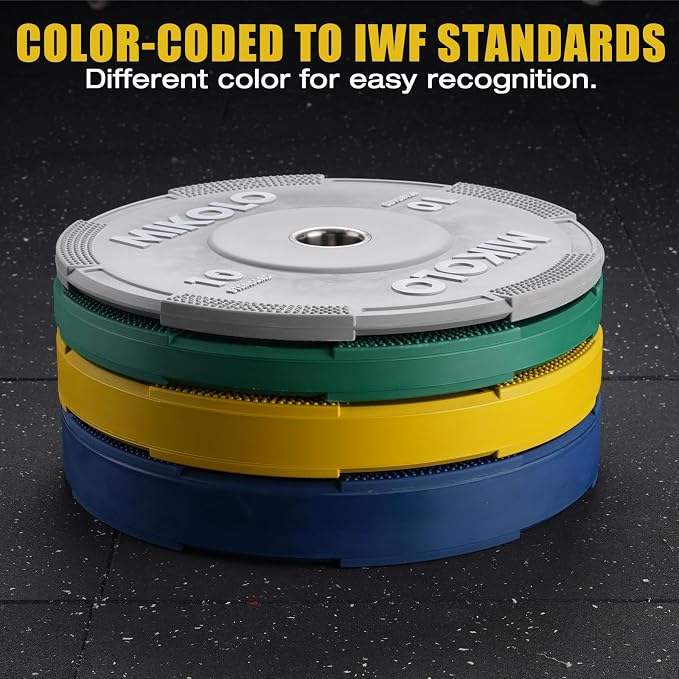 Mikolo Olympic Bumper Plates Set, 100% High-Density Low-Bounce Rubber Weight Plates with Steel Inserts, IWF Color-Coded Quiet Barbell Plates for Deadlifts, Squats & Home Gym Strength Training (Weights: 45 * 2-230LB)