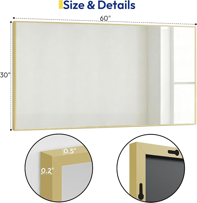 30" x 60" Gold Wall Mirror for Bathroom, 60" x 30" Extra Large Metal Framed Accent Decor, Horizontal Mirror for Dining Room & Double Vanity