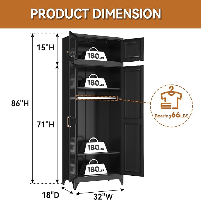 Polup 15" High Black Metal Wall Cabinet, Overhead Closet Storage Unit | Modular Steel Top Extension for 71" Armoire Wardrobe, 2 Doors, 180lbs Capacity Single Space, Mounting Hardware for Bedroom