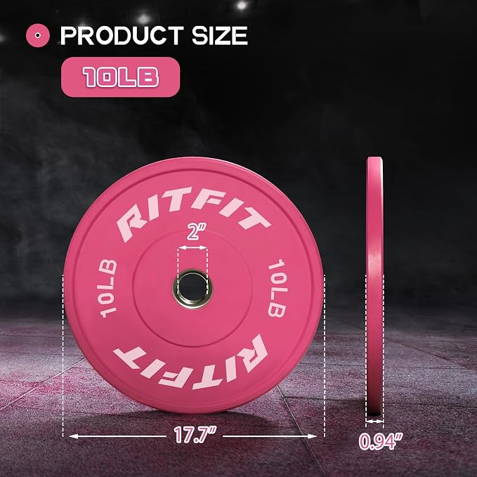 RITFIT Pink Olympic Bumper Plates with Steel Insert for Home Gym | High-Density Rubber with Low Bounce, 2-Inch Olympic Bore with Steel Insert, Pink Color for Strength Training