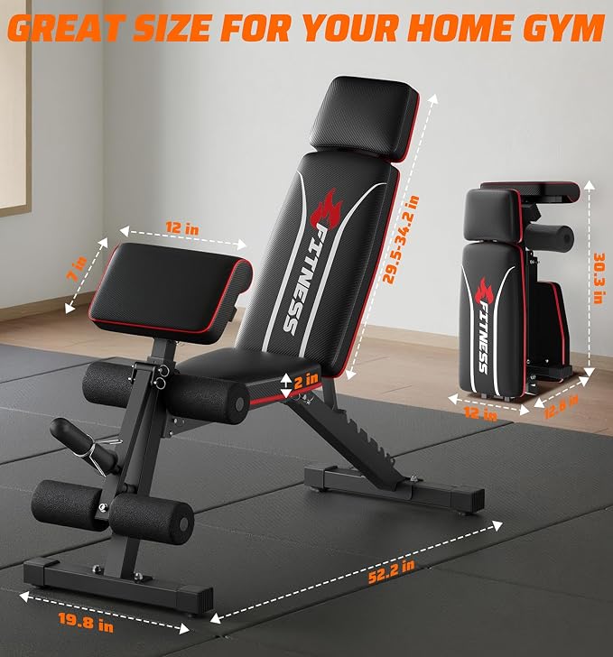 Foldable Adjustable Weight Bench with Leg Extension & Preacher Pad for Home Gym, Bench Press for Full Body Workout with Leg Developer, 900Lbs Capacity & Space-Saving Design