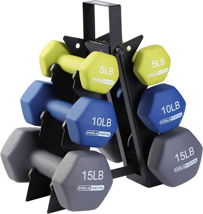 HolaHatha 1, 2 and 3 lb Neoprene Dumbbell Strength Training Weight Set with Rack