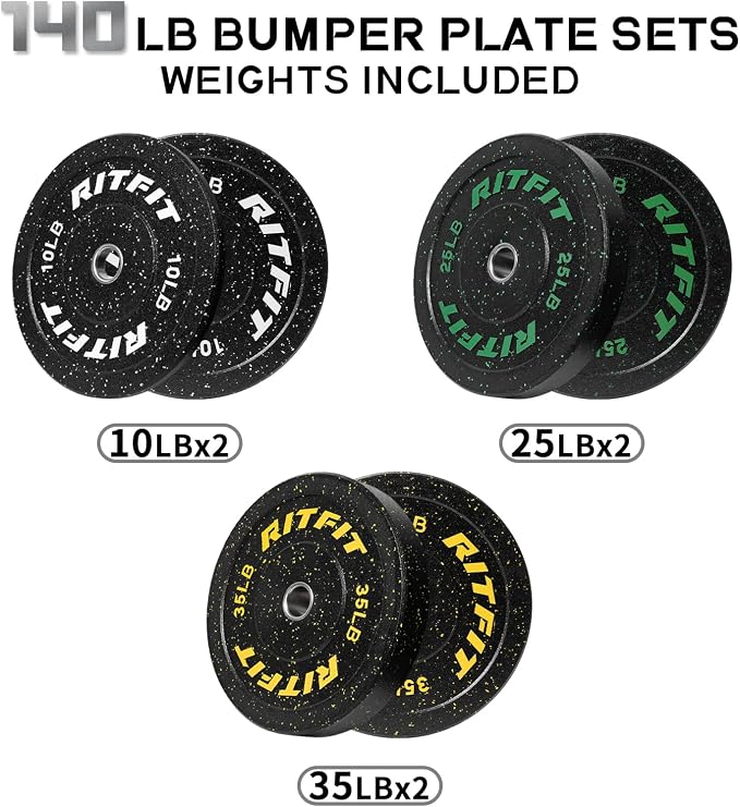 RitFit Bumper Plates, Colored Fleck-Rubber Weight Plates with Steel Insert, 2-inch Olympic Weight Plates for Weight Lifting and Strength Training