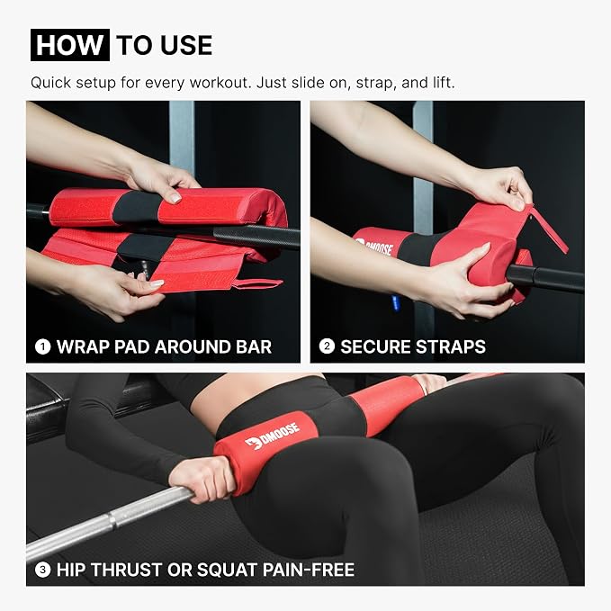 DMoose Fitness Barbell Pad for Hip Thrust, Squat & Lunges - Non-Slip Thick Foam Cushion for Neck and Back Support with Two Straps - Hip Thrust Pad for Leg Day - Fits All Olympic Bars and Smith Machine